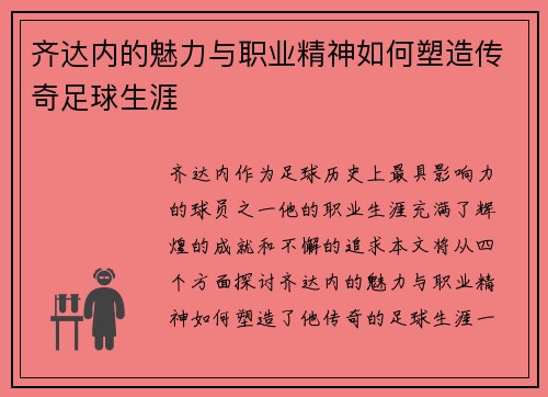 齐达内的魅力与职业精神如何塑造传奇足球生涯