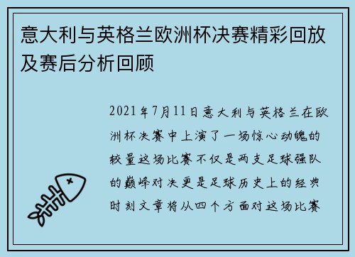 意大利与英格兰欧洲杯决赛精彩回放及赛后分析回顾