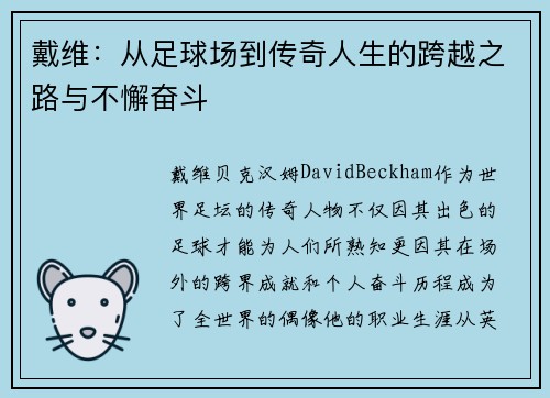 戴维：从足球场到传奇人生的跨越之路与不懈奋斗